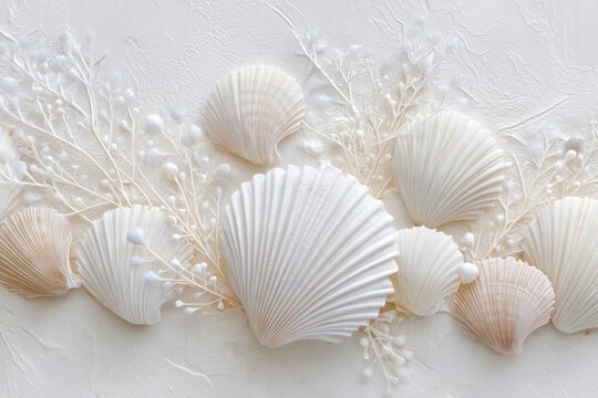 A composition of white shells and floral elements against a textured offwhite background