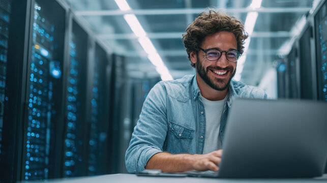 A happy IT engineer working on a laptop in a data center aisle.