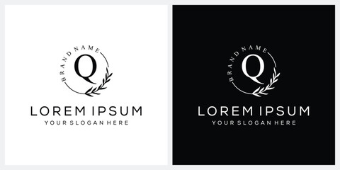 Initial letter Q cosmetics fashion logo design, serif font graphic icon, leaves nature symbol concept