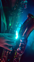 A musician passionately plays the saxophone under vibrant stage lighting during a live performance....