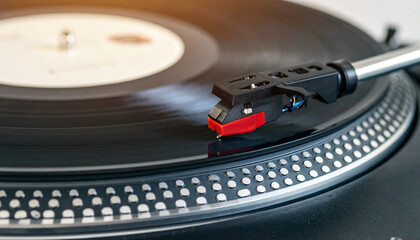 Vintage vinyl record player playing sound from LP album. Analog music, vintage and retro concept