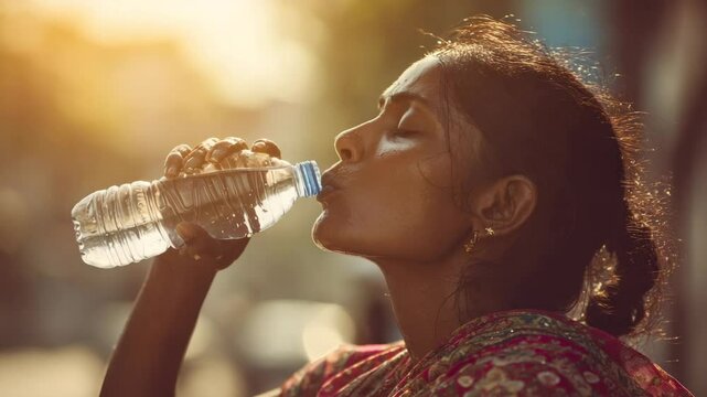Woman drinking water on a hot summer heat day