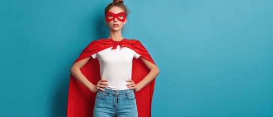 The confident woman in a superhero costume poses with a vibrant cape.