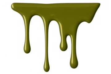 Green paint trickling, dripping vertically against transparent backdrop, forming viscous, glossy texture