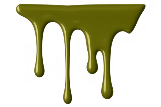 Green paint trickling, dripping vertically against transparent backdrop, forming viscous, glossy texture