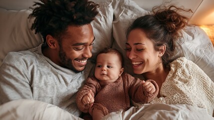 Cocoon of Comfort  Intimate Photograph of Three People Resting Together Under White Blankets in a Peaceful Bedroom