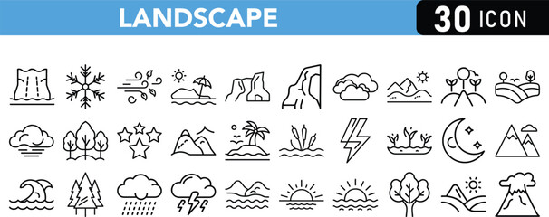 Set of 30Vector art of a set of landscape icons depicts various natural elements and weather conditions