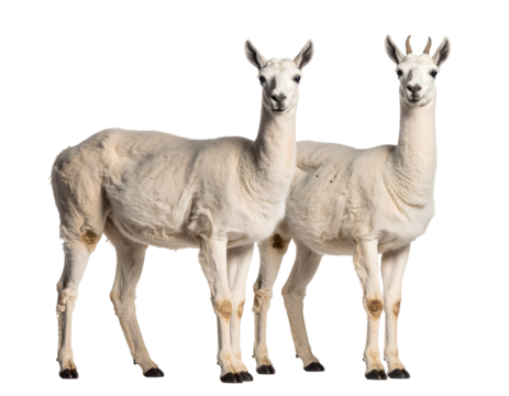 Two elegant white camelids with distinctive appearances stand calmly, looking towards the viewer.