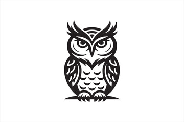 Wise Owl's Vigil: A stylized black and white illustration of an owl, a symbol of wisdom, observes with keen intensity. The detailed design showcases intricate feather patterns, a piercing gaze.