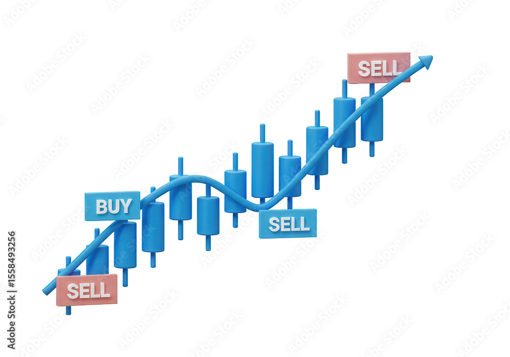 Poster blue business graph with arrow showing growth and buy and sell indicators isolated on white backgrou