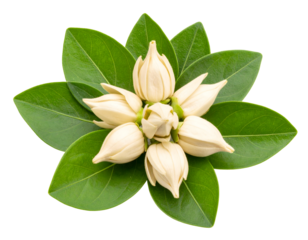 Freshly picked white Champaka flower buds and lush green leaves form an elegant natural composition.