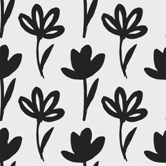 Flowers seamless pattern with floral black ink leaves on a white background. Hand drawn brush painting plant illustration. Nature botanical endless background.