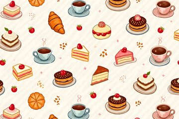 Seamless texture with coffee, croissants, and cake slices