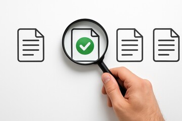 Document Validation: An eye-level shot of a person's hand magnifying a document with a green check mark, indicating approval. In the surrounding, there are other documents.