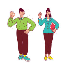 Full-length illustration of a young man and a girl. Vector. Retro-style characters. Flat style. Materials for character development and design projects. The mascots.