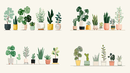 Minimal flat vector illustrations of indoor houseplants in decorative pots. Perfect for gardening content, interior design, and botanical-themed projects.

