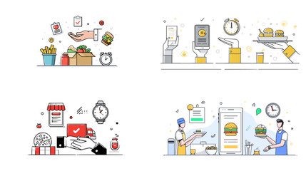 Modern line vector illustrations of food delivery service including mobile ordering, courier service, and fast food icons. Great for apps, infographics, and marketing.

