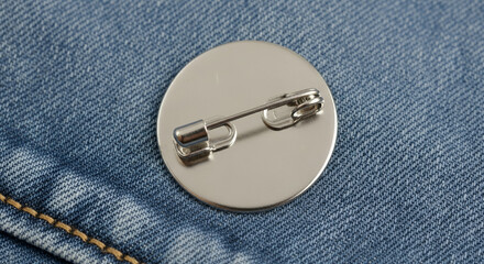 Back of a metal button badge with a safety pin on a denim fabric