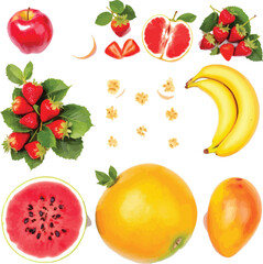 fruit Medley Vector Grid – Colorful Hand-Drawn Collection of Apples, Strawberries, Citrus, Bananas, and Watermelon in Playful Layout