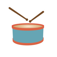 Flat style illustration of toy drum with drumsticks, simple cartoon percussion instrument for kids design