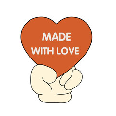 Cute cartoon hand holding a red heart with made with love text, flat vector style for romantic gift design
