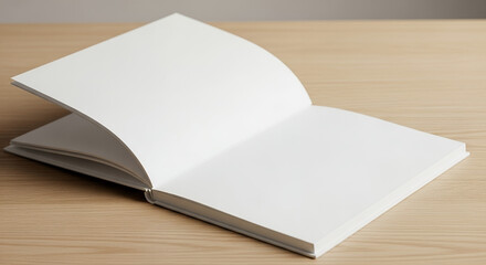 Fototapeta premium Open blank book with empty white pages on a light wooden table
