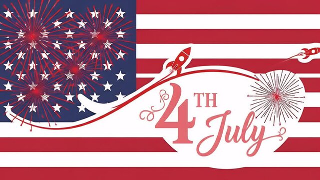 Patriotic 4th of July looping background with American flag and celebratory fireworks animation.