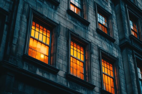 Building facade with glowing windows at night showing architectural details and warm interior light