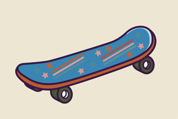 Colorful cartoon skateboard with blue deck and star decorations in playful style on beige background