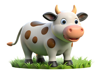  3D Cartoon Cow Standing on Grass Isolated on Transparent Background