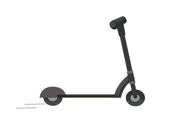 Simple black kick scooter illustration in minimal flat style with motion lines on white background
