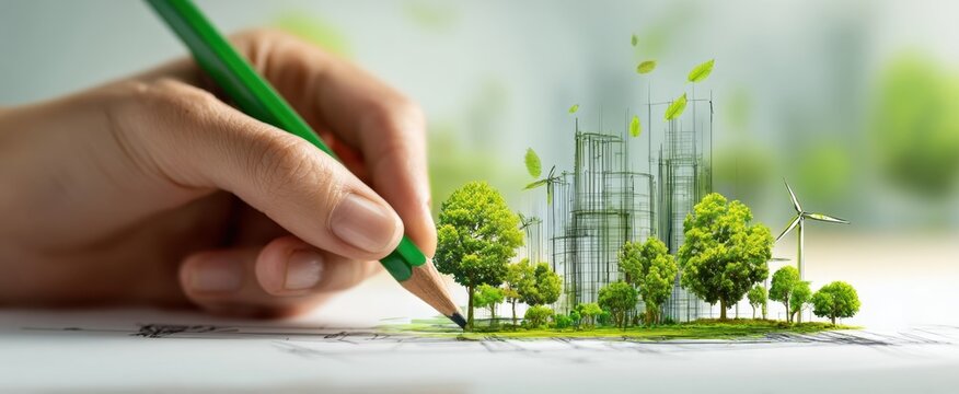 The hand drawing a sustainable urban development with green trees and wind turbines.