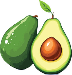Avocado Whole and Cut – Vector Illustration of Fresh Avocados with Leaf, Showing Bumpy Skin and Seed Interior