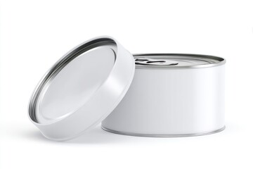Two white metal cans one with an open lid leaning to the side on a white surface