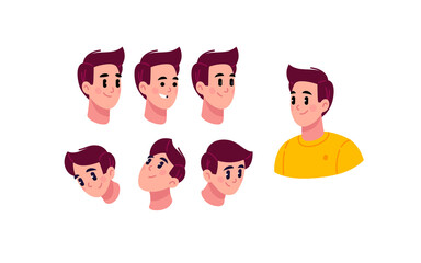 Illustration of the head, portraits and faces of a young man. Vector. The emotions of a cute guy in a yellow t-shirt. Flat style. Materials for character development and design projects.