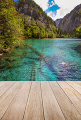 wooden balcony with blur background of nature landscape for relaxed time.