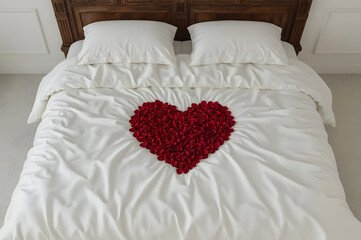 A massive wooden bed with white linens and a large heart made of scarlet rose petals