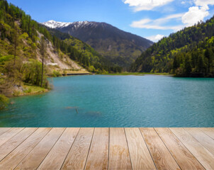wooden balcony with blur background of nature landscape for relaxed time.