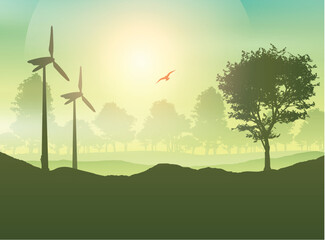 Wind turbines and tree landscape