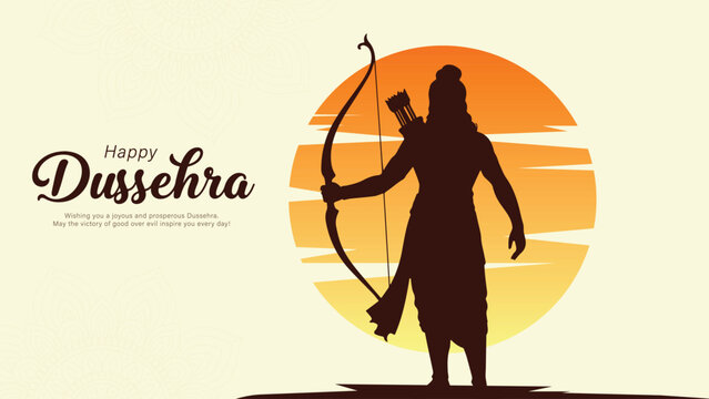 Happy Dussehra Vector with Lord Rama Silhouette and Radiant Sunset