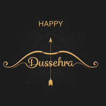 Happy Dussehra Golden Bow and Arrow with Subtle Mandala on Black Background Vector