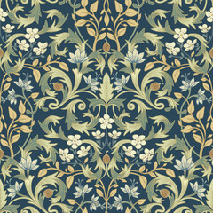 Dense floral pattern. White flowers with soft green leaves on a blue background.