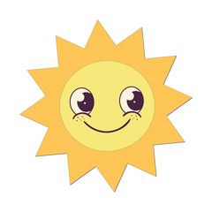Cute cartoon sun with smiling face, big eyes, and freckles on a white background in a cheerful style