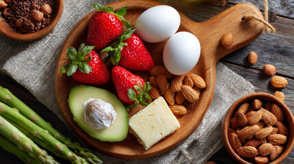 Fototapeta premium Delicious and nutritious keto-friendly meal with fresh strawberries, eggs, avocado, and almonds.