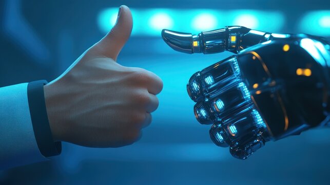 Human and robot hands shaking with approval