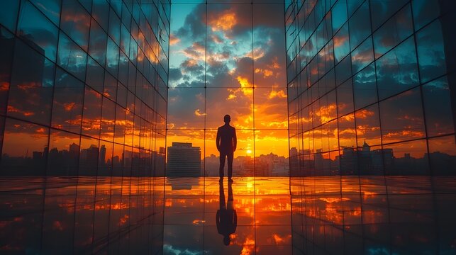 Silhouetted businessman overlooking a stunning sunset cityscape - Powered by Adobe