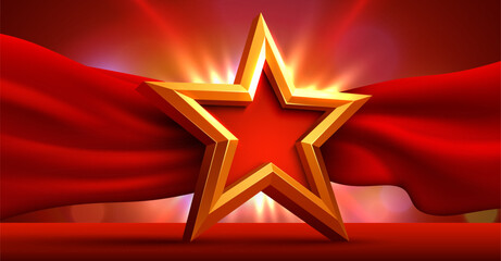 Award ceremony background and 3d gold star with red silk ribbon decoration with glitter light effect elements. Vector illustration