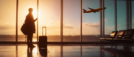The silhouette of a traveler waiting at the airport for their flight.