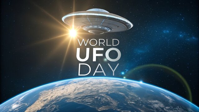 World UFO Day, Silver disc-shaped UFO hovering above city skyline in night sky.