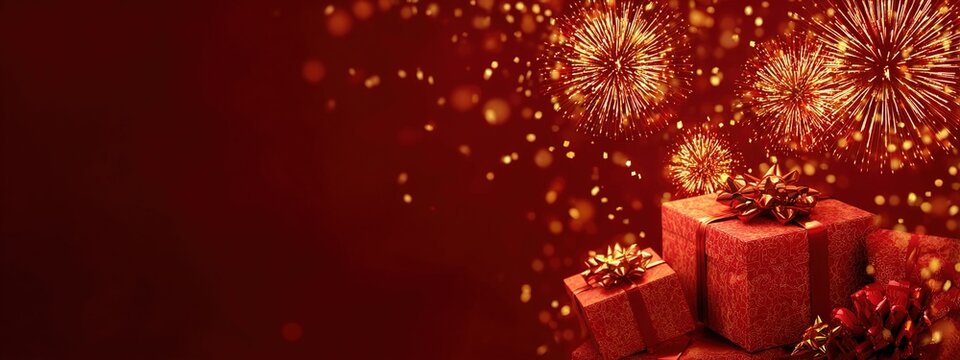 Diwali banner. Background design of realistic red gift box, 3d render fireworks and fire cracker, Horizontal diwali poster, headers for website. High quality